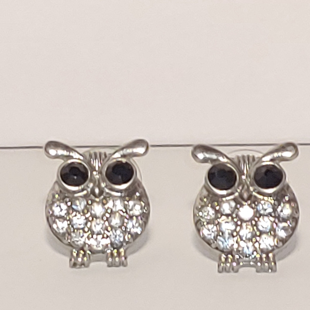Silver-tone with rhinestones OWL earrings for pierced ears